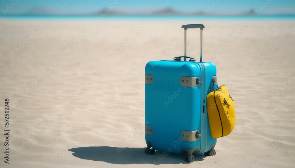 A beachside scene with a single blue suitcase, waiting to be filled with memories A beachside scene with a single blue suitcase, waiting to be filled with memories
