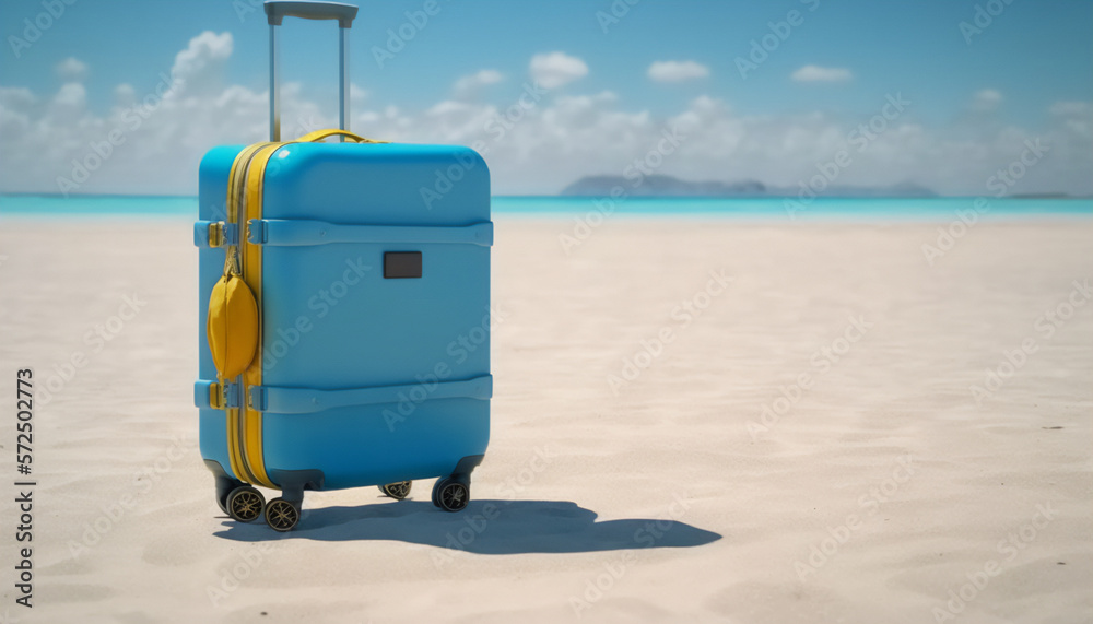 A blue suitcase waiting for its owner to return from a swim