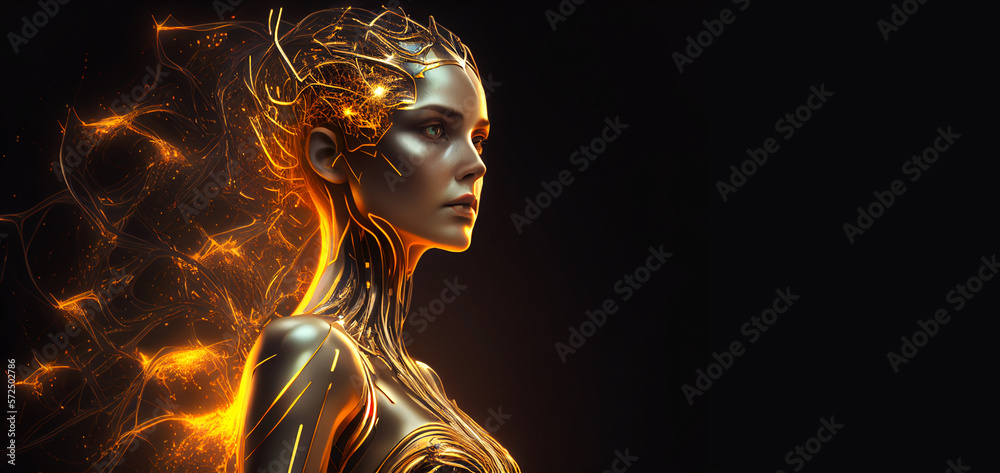A humanoid cyber girl on black background with a neural network thinks. Gold humanoid cyber girl. Artificial intelligence with a digital brain is learning to process big data. Generative Ai.