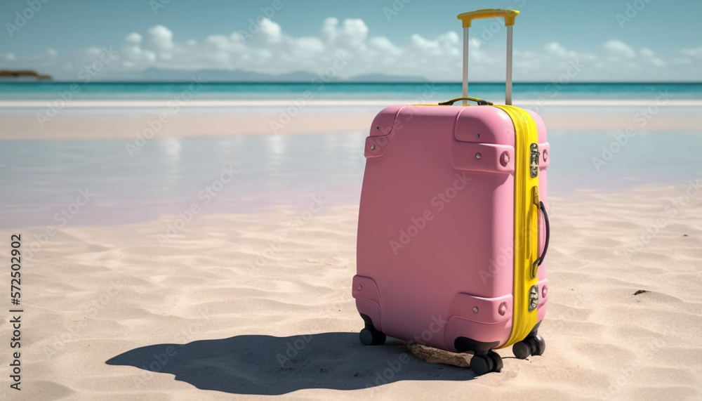 A pink suitcase enjoying the sea breeze on the beach