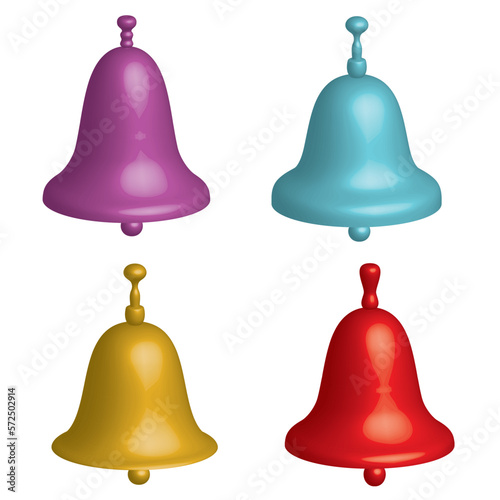 Set of symbolic colored bells in 3D.Bell objects as symbols of gift, religion or Christmas. Vector and jpg format.