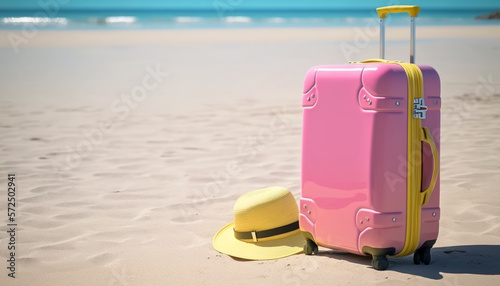 A pink suitcase resting on the beach, ready for some R&R photo