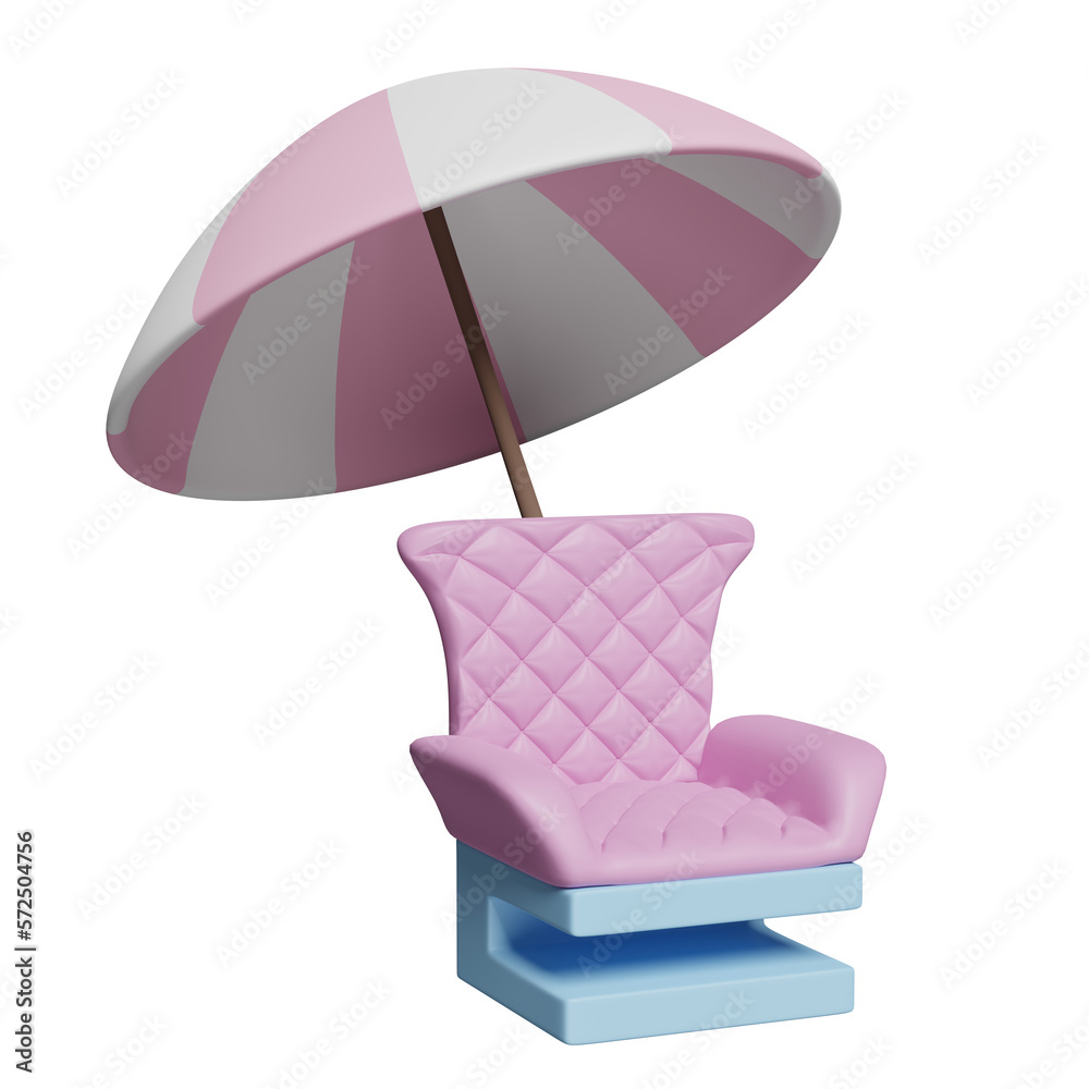 3d sofa chair with pink umbrella or parasol isolated. 3d render illustration