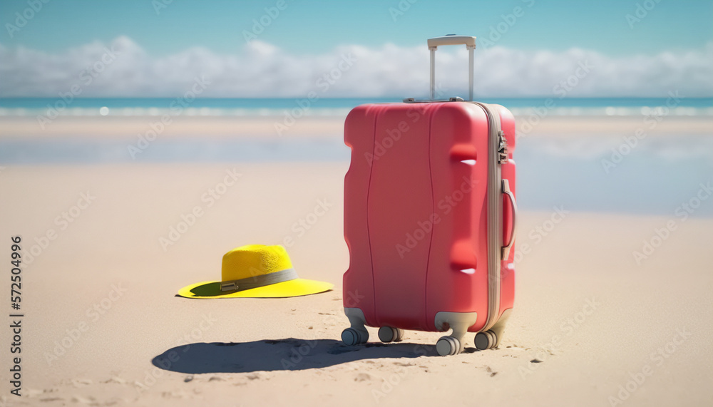 A red suitcase basking in the sun on a sandy beach A red suitcase basking in the sun on a sandy beach