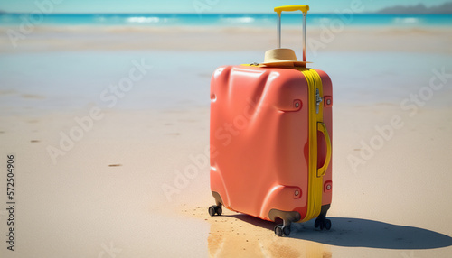 A red suitcase waiting for a day of exploration on the beach