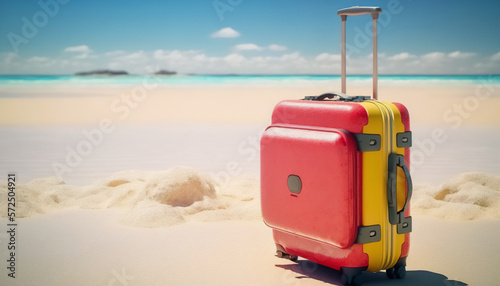 A red suitcase waiting to be unpacked on a beach getaway photo