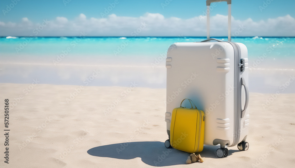 A simple white suitcase on a white sandy beach