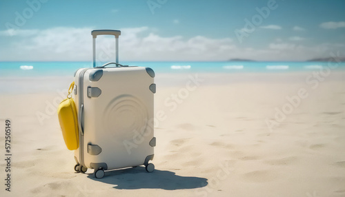 A white suitcase  the perfect accessory for a day at the beach