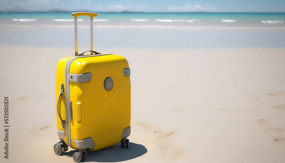 A yellow suitcase waiting for its owner to return from a swim A yellow suitcase waiting for its owner to return from a swim