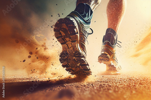 Closeup runner's legs and shoes running along dust road, trail runing,. Generative AI