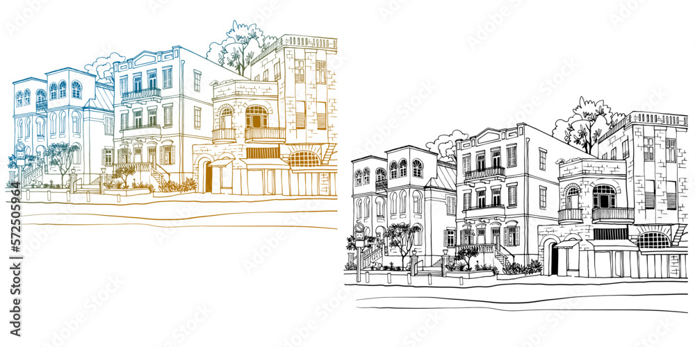 Nice street in Tel Aviv. Colourful and black and white vector illustration. Hand drawn urban sketch. Line art.