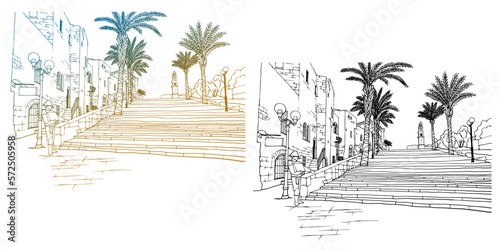 Old Jaffa. Tel Aviv. Israel. Colourful and black and white sketch. Hand drawn vector illustration on white. Line art.