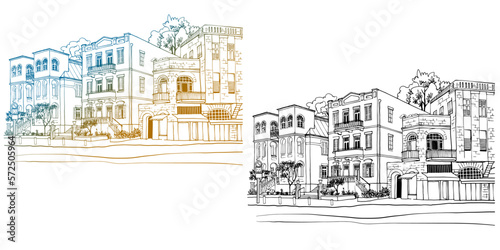 Nice street in Tel Aviv. Colourful and black and white vector illustration. Hand drawn urban sketch. Line art.