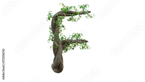 Tree grow or vine in the shape of the English text. Letter font F. 3D Render.