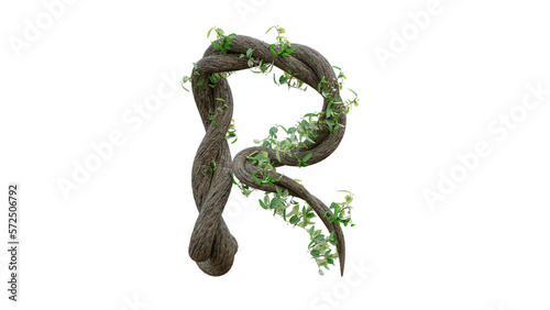 Tree grow or vine in the shape of the English text. Letter font R. 3D Render.