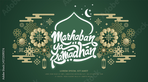 Marhaban Ya Ramadhan Greeting with hand lettering calligraphy and illustration. translation: "Welcome Ramazan, Muslim holy month". Islamic greeting background can use for Eid Mubarak