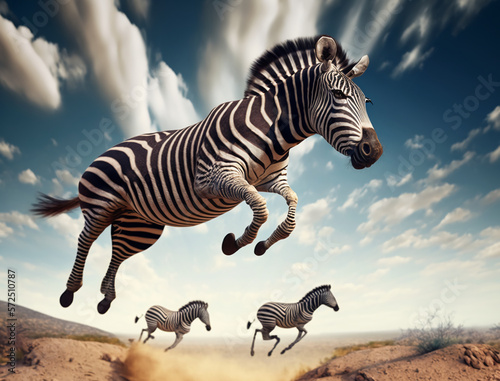 A zebra  jump high enjoying nature  in the sight of a desert  hot Atmosphere and a bright Sky in the background  Children s Story  Kid zebra  blur  4K  Animal Wallpaper  wildlife Background  AI