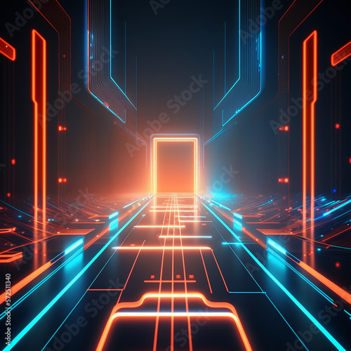 Techonology background with blue and orange modern lines over black background hologram style