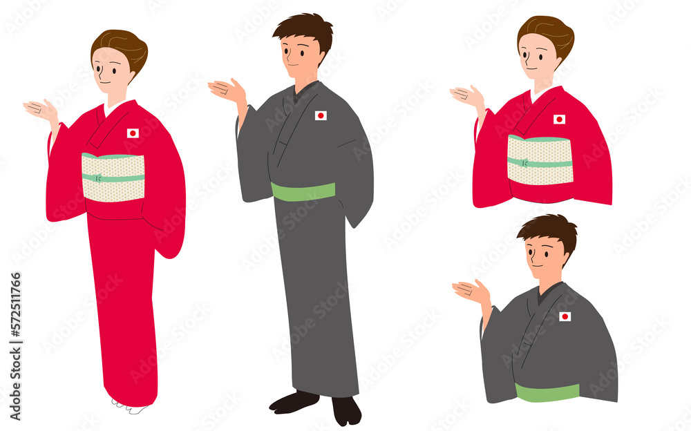 Naklejka premium インバウンドの歓迎をする着物姿の男女セット