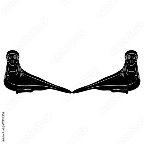 Symmetrical animal design or frame with two fantastic birds with female faces. Ancient Greek Siren. Black and white silhouette. Isolated vector illustration. 