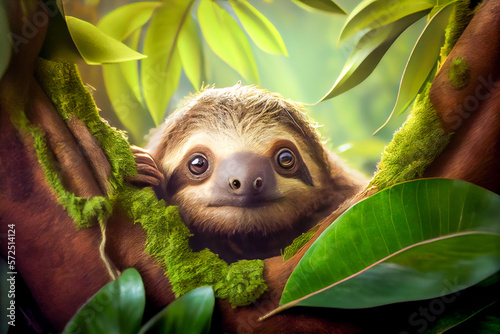 A curious sloth peering down from its perch high in the jungle canopy.
