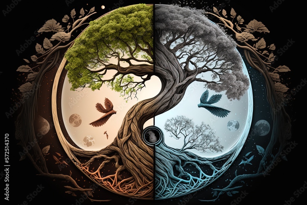 Ying yang concept of balance Yggdrasil tree of life norse mythology