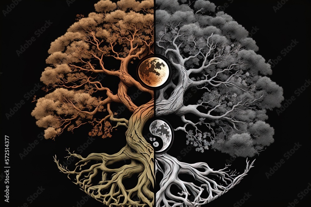 Ying yang concept of balance Yggdrasil tree of life norse mythology