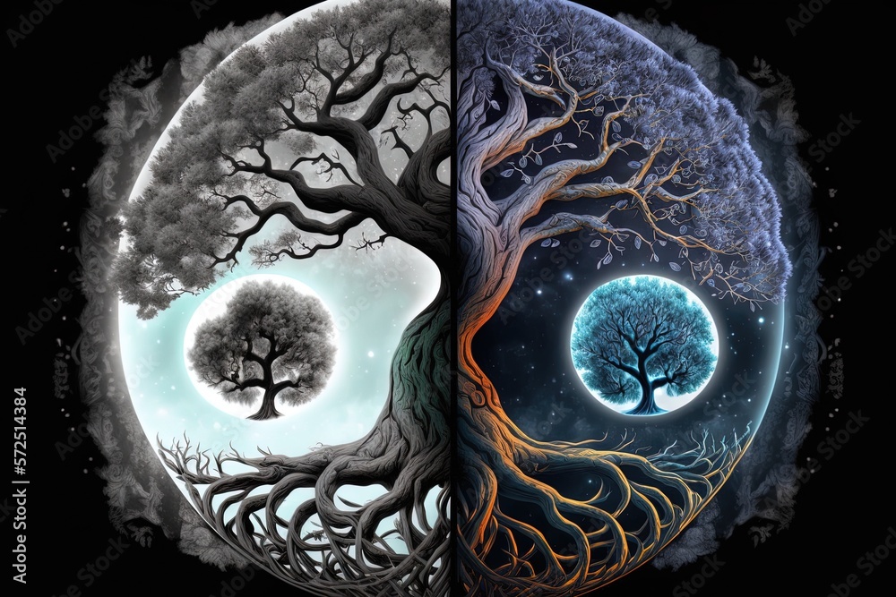 Ying yang concept of balance Yggdrasil tree of life norse mythology