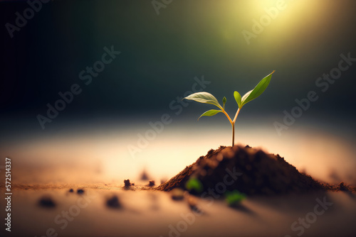 Young seedling emerging from the ground. Sprout growing from the ground, generative AI art