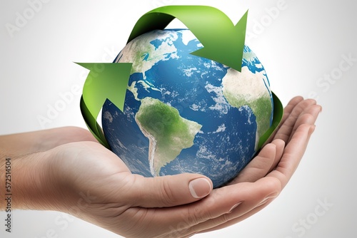 Hand holding earth with recycle symbol in middle. Generative AI Green energy concept, no more trash and plastic in sea. Save the ocean from garbage. Protecting the oceans and seas. Eco power