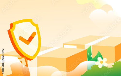 Consumer rights day, people holding shields, courier boxes and plants in the background, vector illustration, Chinese translation: fake