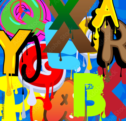 Graffiti wallpaper with gradient geometric abstract modern street art shapes. Vector background decoration performed in urban painting style.