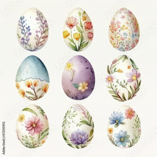 Watercolor Illustration of a Collection of Colorful Painted, Dyed, Decorated Eggs Suitable for Easter, Isolated on White, Made in Part with Generative AI 