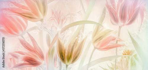 painted flowers on light pastel background for a spring greeting card. Generative AI