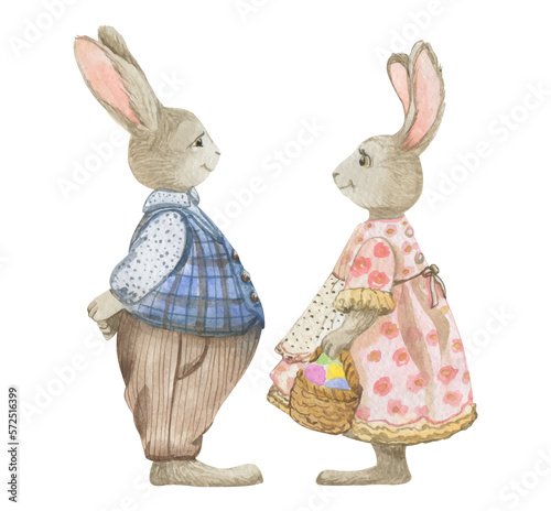 Watercolor drawing of rabbits boy and girl talking to each other