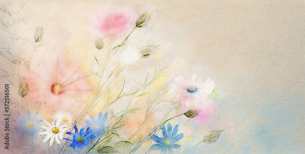 pastel light background with flowers for spring greeting card with a copy space for text. Generative AI