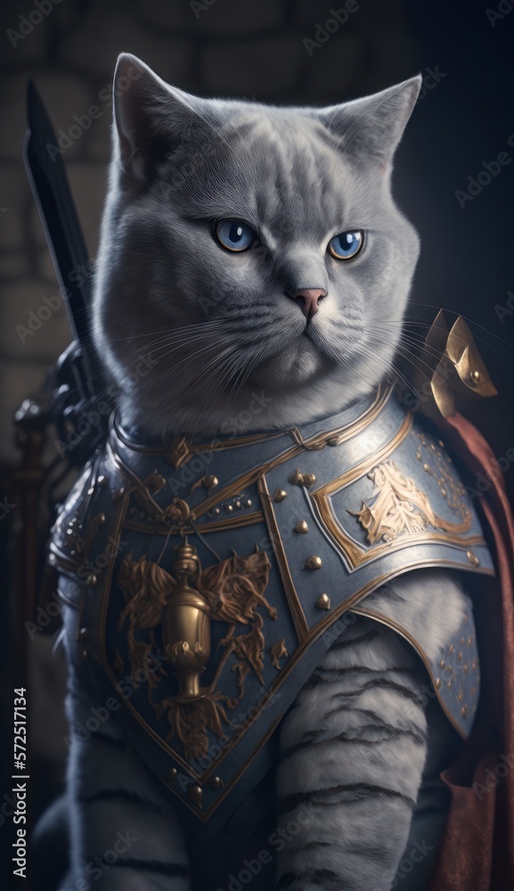 Fototapeta premium Cute Stylish and Cool Animal Chartreux Cat Knight of the Middle Ages: Armor, Castle, Sword, and Chivalry in a Colorful and Adorable Illustration (generative AI)