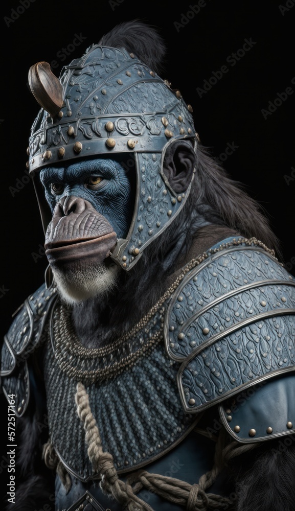 Cute Stylish and Cool Animal Chimpanzee Knight of the Middle Ages: Armor, Castle, Sword, and Chivalry in a Colorful and Adorable Illustration (generative AI)