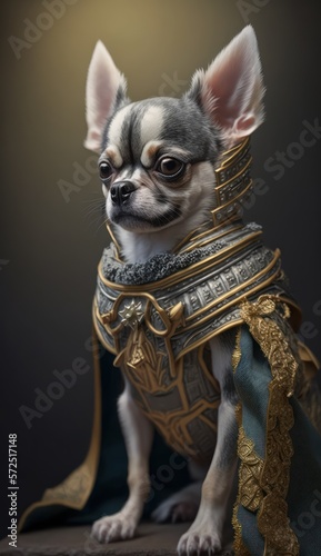 Cute Stylish and Cool Animal Chihuahua Knight of the Middle Ages: Armor, Castle, Sword, and Chivalry in a Colorful and Adorable Illustration (generative AI)