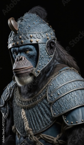 Cute Stylish and Cool Animal Chimpanzee Knight of the Middle Ages: Armor, Castle, Sword, and Chivalry in a Colorful and Adorable Illustration (generative AI)