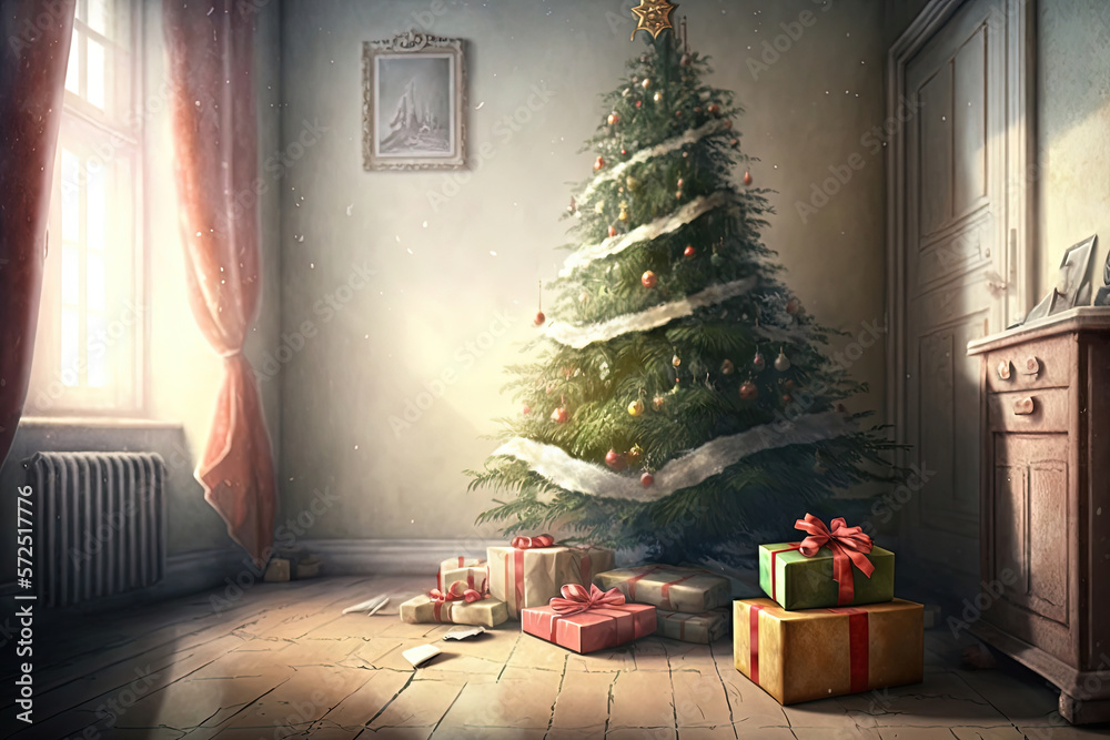 Christmas composition with tree and gifts on background floor