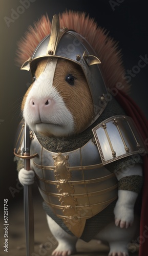 Cute Stylish and Cool Animal Guinea Pig Knight of the Middle Ages: Armor, Castle, Sword, and Chivalry in a Colorful and Adorable Illustration (generative AI)