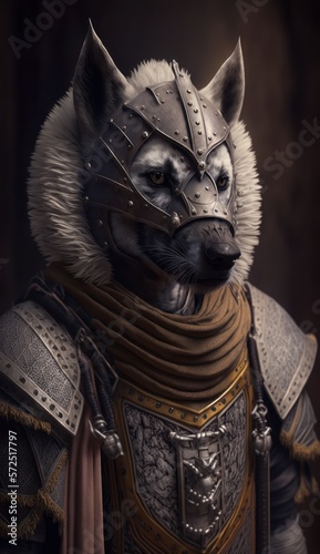 Cute Stylish and Cool Animal Hyena Knight of the Middle Ages: Armor, Castle, Sword, and Chivalry in a Colorful and Adorable Illustration (generative AI)