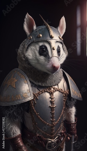 Cute Stylish and Cool Animal Possum Knight of the Middle Ages: Armor, Castle, Sword, and Chivalry in a Colorful and Adorable Illustration (generative AI)