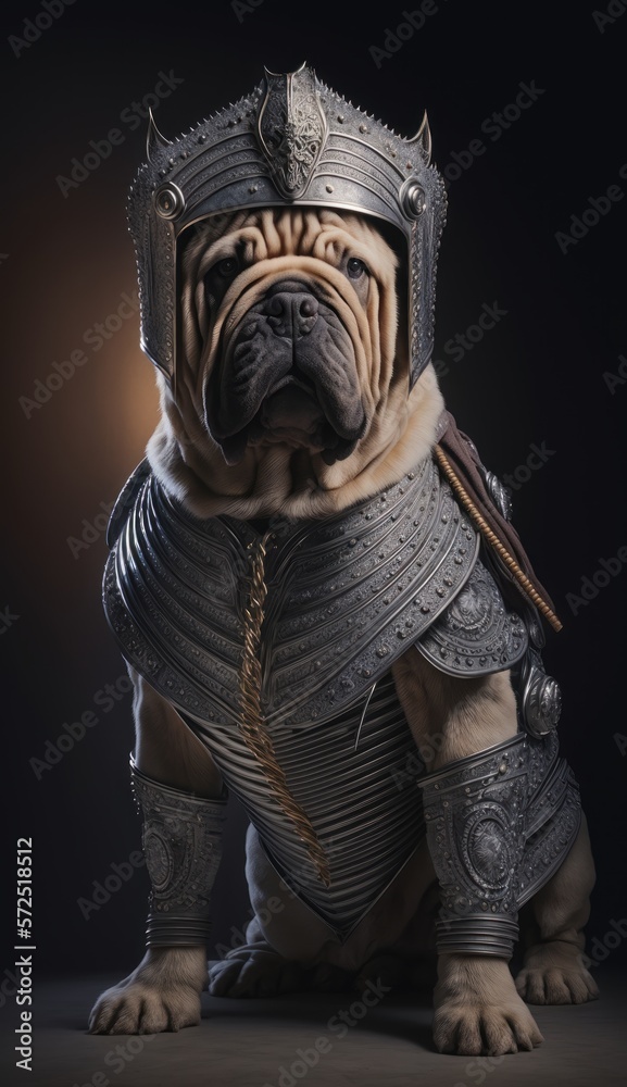 Cute Stylish and Cool Animal Shar Pei Dog Knight of the Middle Ages: Armor, Castle, Sword, and Chivalry in a Colorful and Adorable Illustration (generative AI) Cute Stylish and Cool Animal Shar Pei Dog Knight of the Middle Ages: Armor, Castle, Sword, and Chivalry in a Colorful and Adorable Illustration (generative AI)