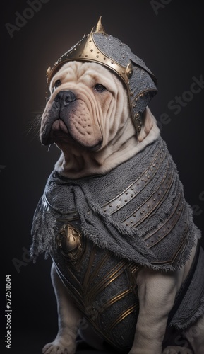 Cute Stylish and Cool Animal Shar Pei Dog Knight of the Middle Ages: Armor, Castle, Sword, and Chivalry in a Colorful and Adorable Illustration (generative AI)