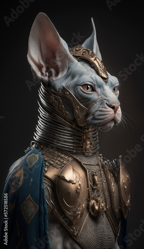 Cute Stylish and Cool Animal Sphynx Cat Knight of the Middle Ages: Armor, Castle, Sword, and Chivalry in a Colorful and Adorable Illustration (generative AI)