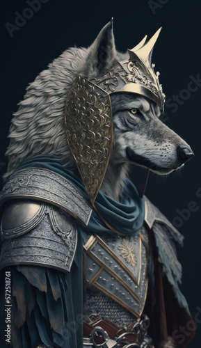 Cute Stylish and Cool Animal Wolf Knight of the Middle Ages: Armor, Castle, Sword, and Chivalry in a Colorful and Adorable Illustration (generative AI) © Christine