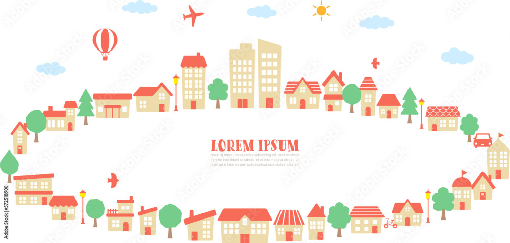 Vector illustration of a round frame with houses, trees and plants