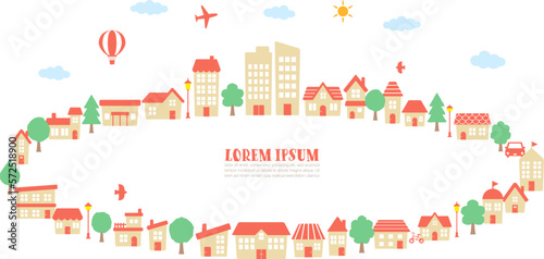 Vector illustration of a round frame with houses, trees and plants